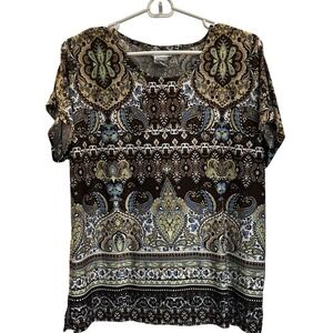 Bon Worth Womens MP Brown Blue Paisley Medallion Short Sleeve Blouse Top 43557